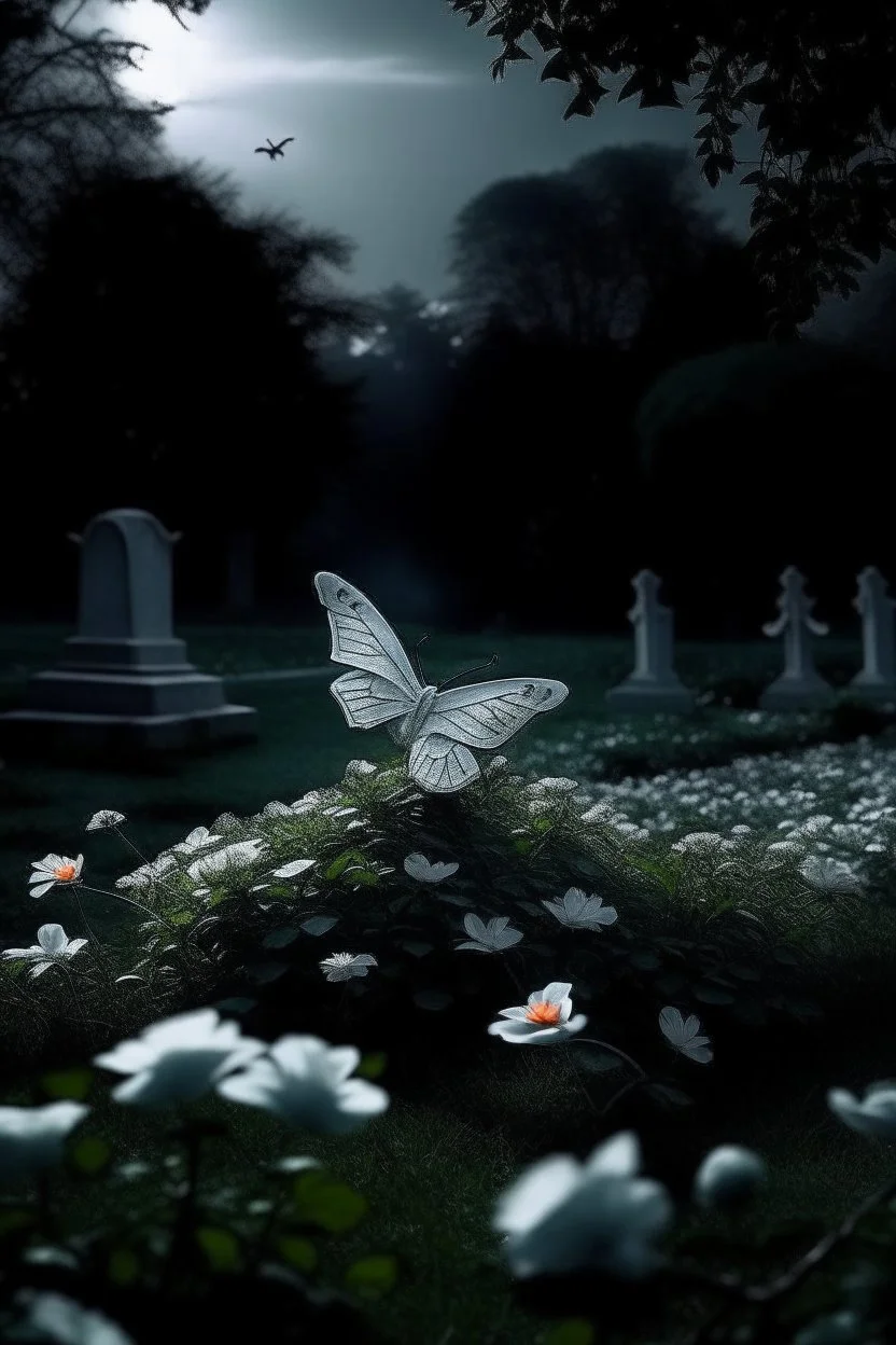 Beautiful Butterfly flying out of the graveyard The graveyard is dark but the butterfly is A glowing, soft white