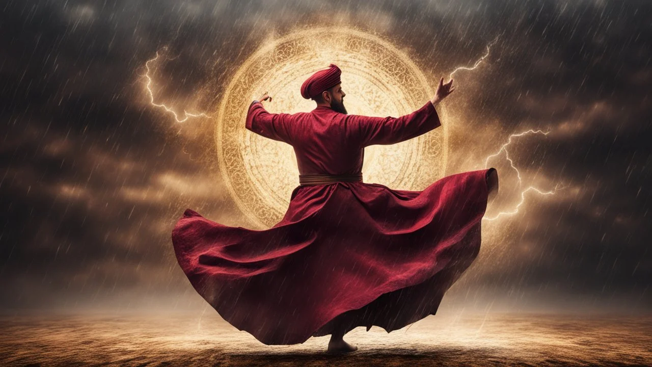 Hyper Realistic Sufi Whirling with Golden & Maroon Islamic Sufi Rustic Grungy Background with thunderstorm at heavy rainy night