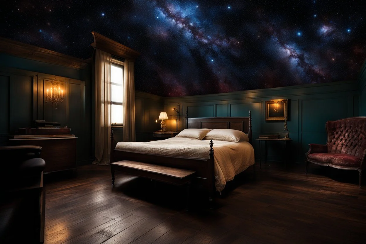 strange evening in vintage bedroom, deep dark colors, old wood floor, old antique bed, translucent walls, ceiling the galaxy with stars, etheral, mystic, stunning, cinematic