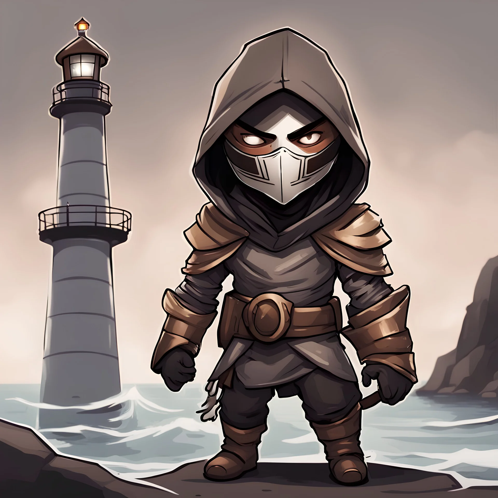 Absolon is a male in grey brown and bronze thief armor with a hood and mask and dark brown facepaint across his eyes and he is trying to break into a lighthouse, in chibi art style