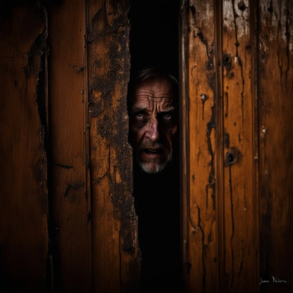 Close up of wooden door cracked open, in the crack an unsettling ghoulish decayed face stares back, horror photography by Joshua Hoffine, photorealistic, creepy, uneasy, eerie dark colors, heavy shadows