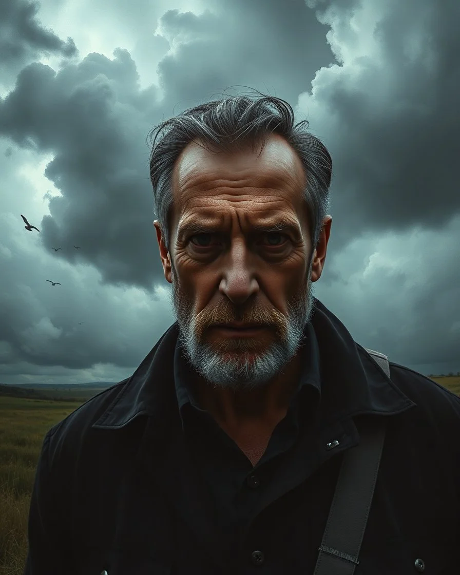 Bosch painting style, nightmare , a handsome mid age man ,great quality picture with cinematic scenes , heavy clouds in the background