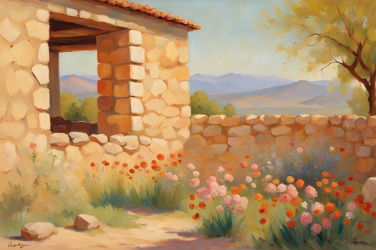 Sunny day, mountains, distant adobe house, flowers, spring trees, stone wall, spring, ludwig dettman and friedrich eckenfelder impressionism paintings