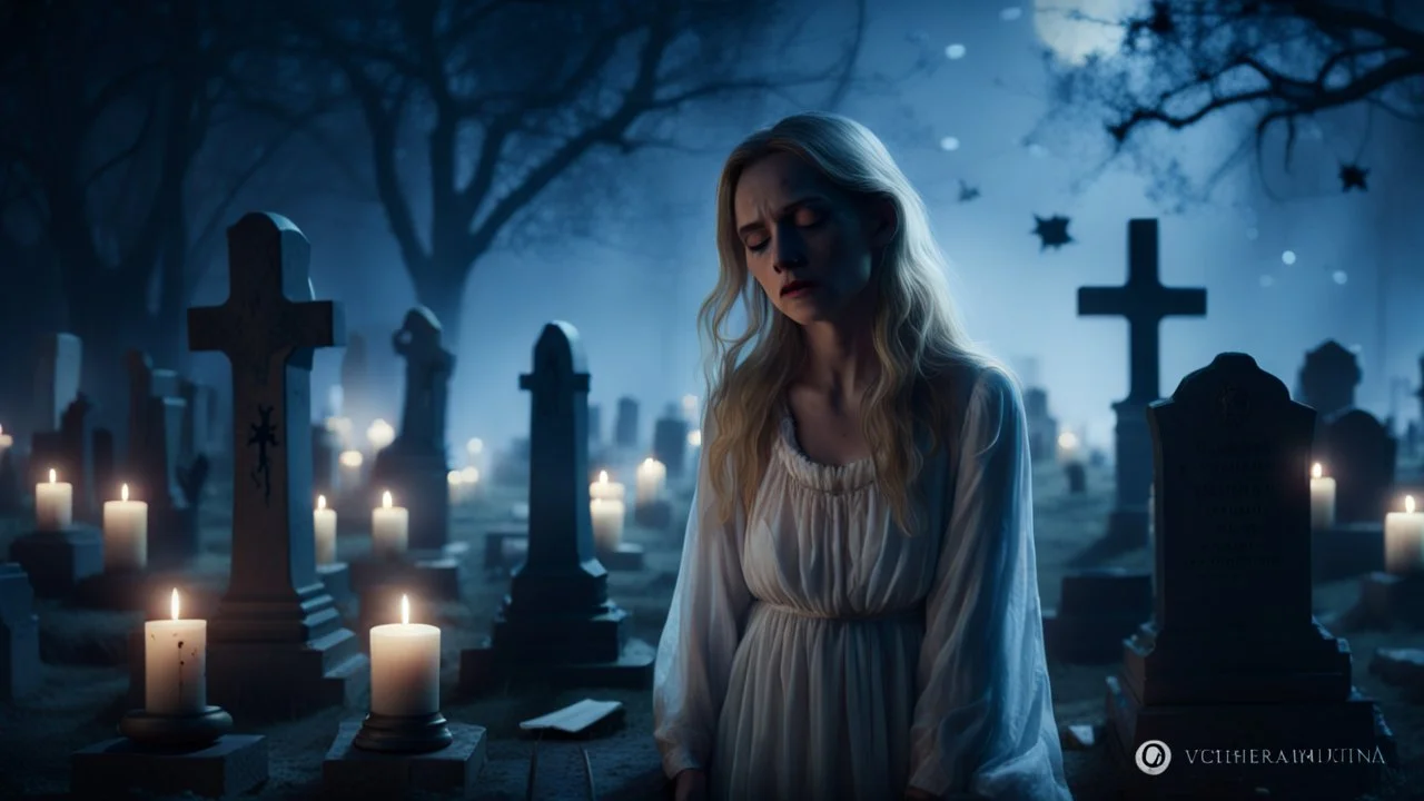 High-resolution, ultra-realistic, 4K cinematic image of a dimly lit villager cemetery at 3am. A blonde very sad woman dressed in white vintage Nightgown. With an expression of pain, closed eyes, crying, surrounded by tombstones and some dark tree, dark blue night with stars.