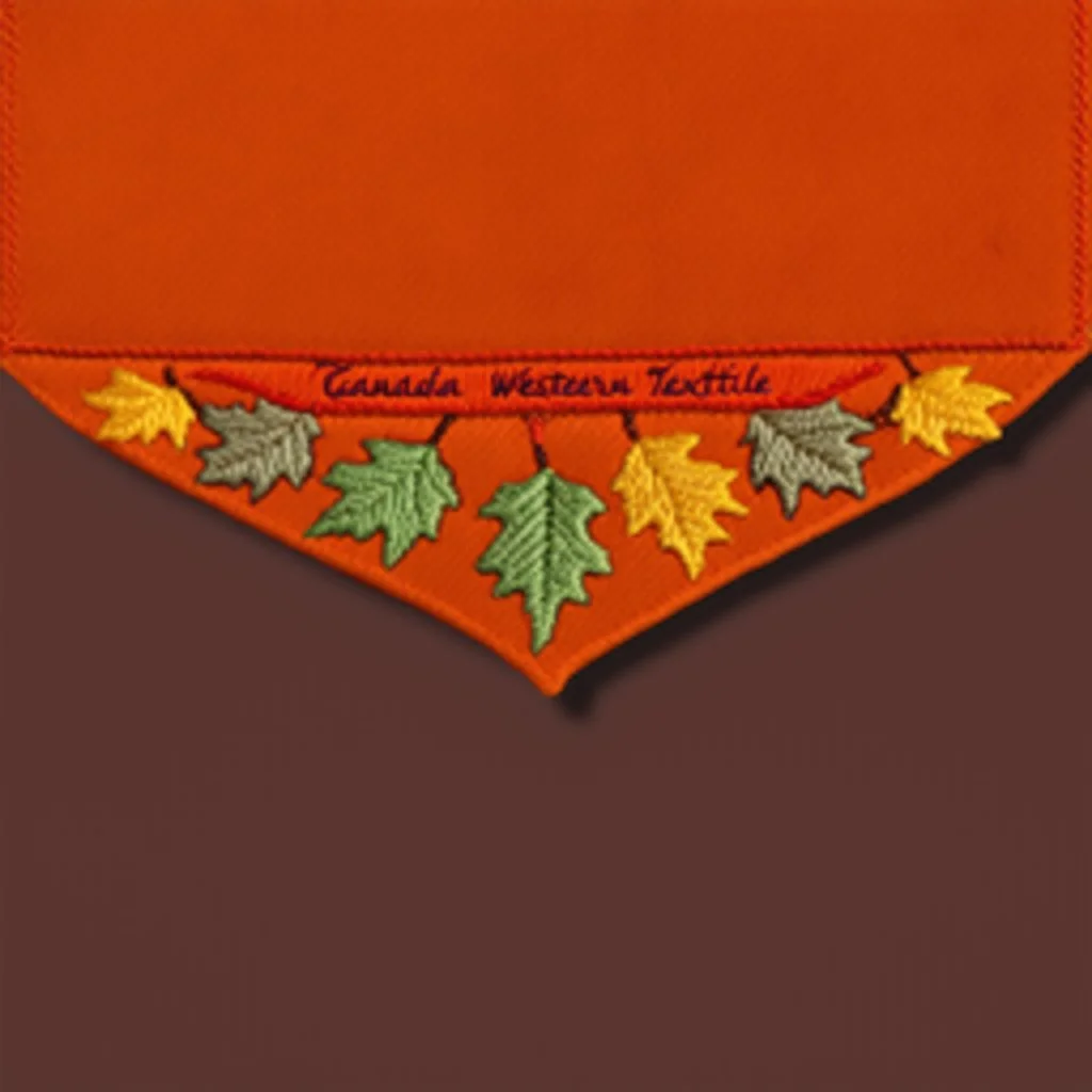 an autumn colored textured cloth embroidered ornamental leaves, pointed bottom, on darker textile background, embroidered text across top, Canadian western textile art design