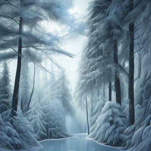 ice, blue, forest, snow, beautiful, mountain, masterpiece, expert, 8K, hyperrealism, sharp focus, cinematic lighting