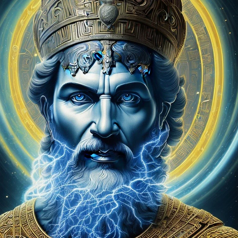 symetrical, centered, ultra detailed, digital art, in center is a portrait of highly detailed greek colossus god zeus surrounded by quantum galaxy codes seeking knowledge, detailed face, eyes filled with galaxy, dominating colors = gray light blue and dark gold, lightning, smoke,