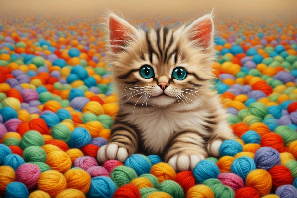 cute chibi kitten in colourful, soft cotton yarn balls in sunshine Weight:1 surrealism Salvador Dali matte background melting oil on canvas Weight:0.9