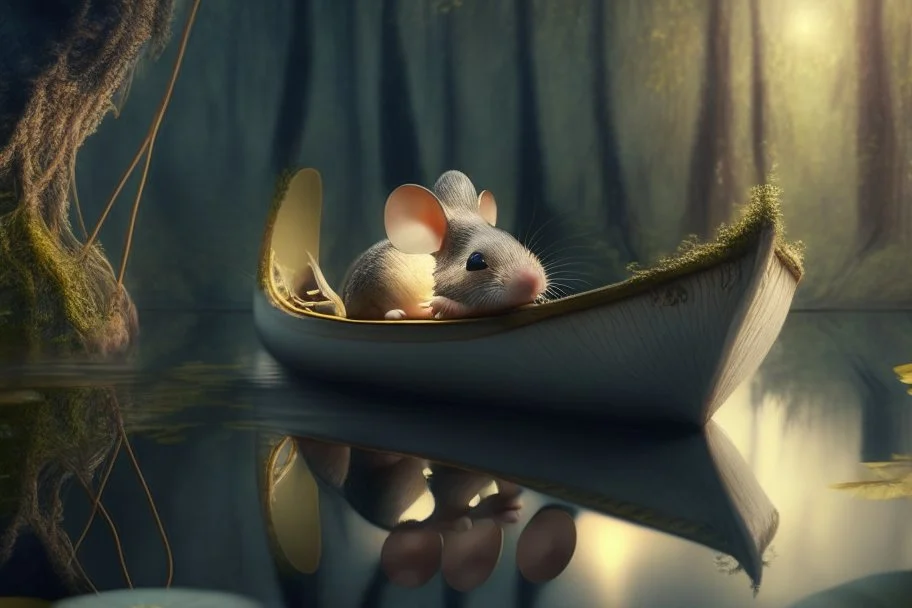 narcissus as a mouse in boat, in forest by lake, book illustration, fine detail, 4k, trending, volumetric light, depth of field