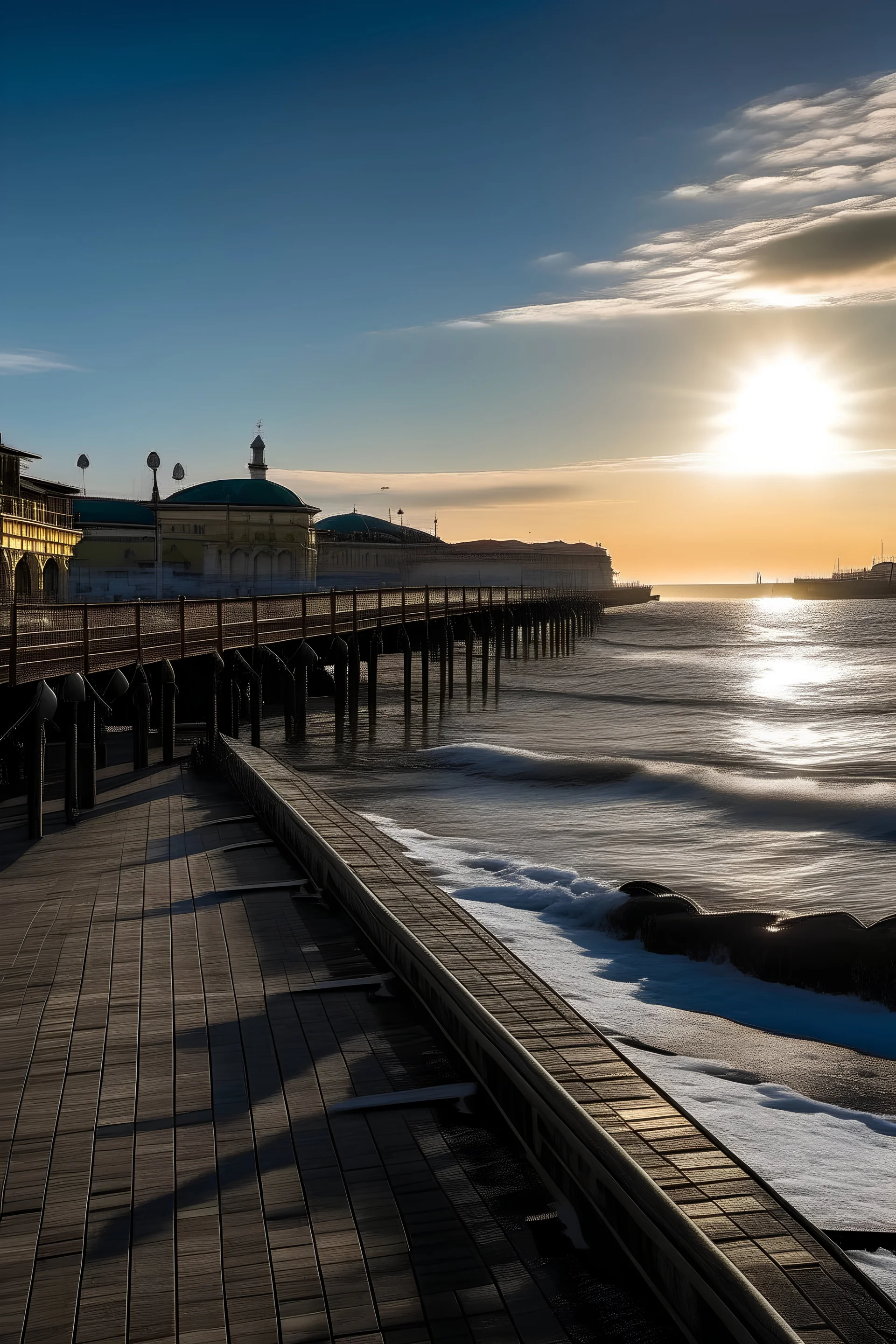 maiori invierno de mañana con mucho frio sol tenue sobre el mar tirreno con un muelle y el arena negro