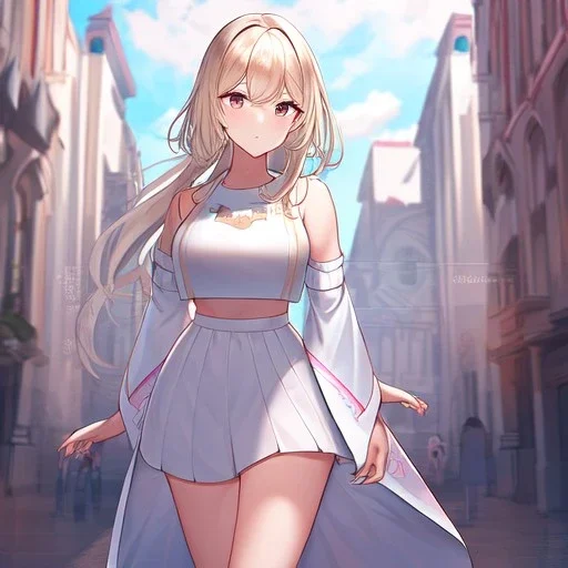 Clear focus,High resolution, Light Brown sleeveless fluffy crop top, White short skirt with pink under it, Cut sleeves that are white, Standing still,
