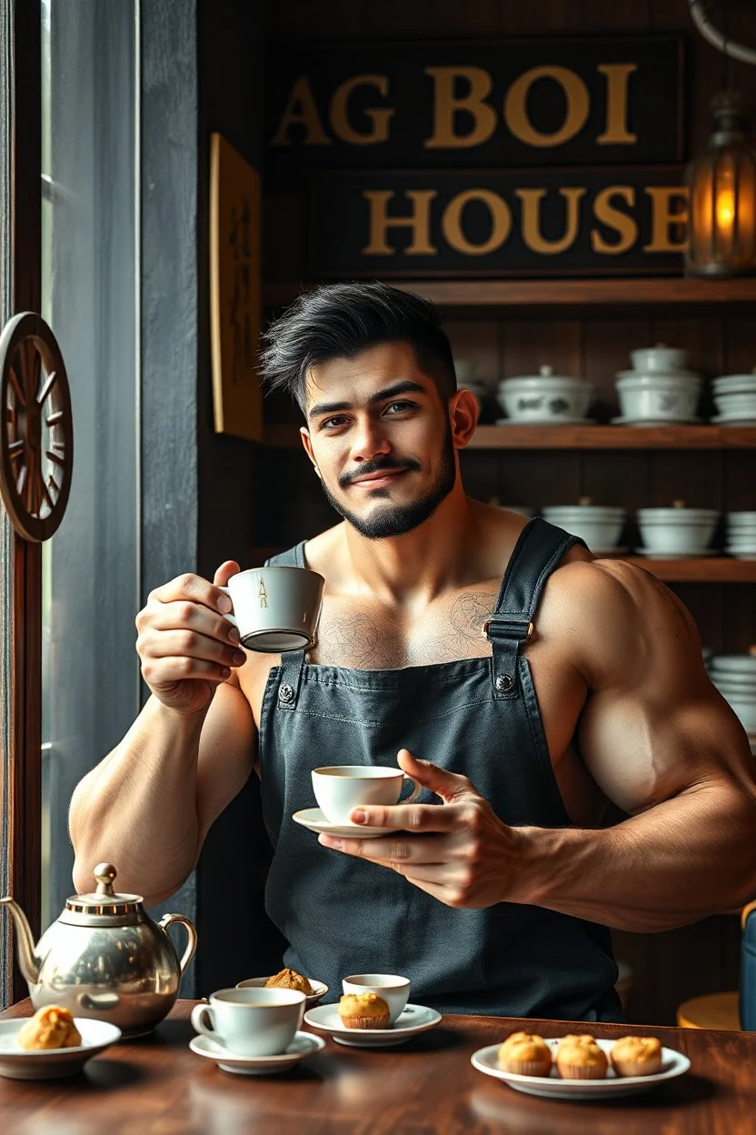BOYISH young mechanic man with huge muscles and his top off enjoying high tea by himshelf with little cakes, with large title( FAG BOI TEA HOUSE)