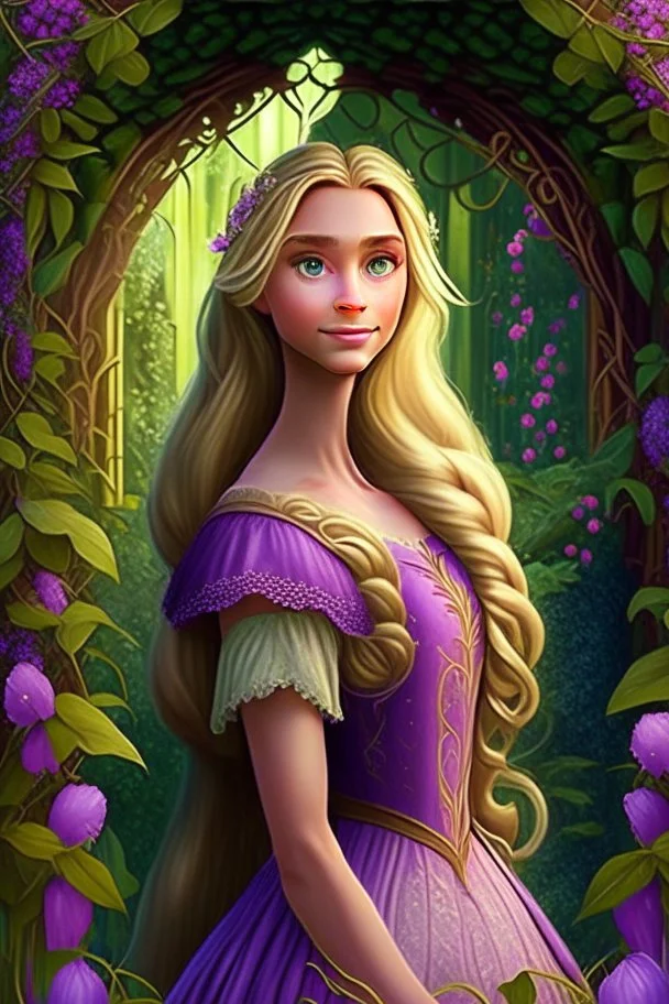 Princess Rapunzel, with a very beautiful and symmetrical face, with a charming look, with a very wonderful dress, in a very beautiful garden