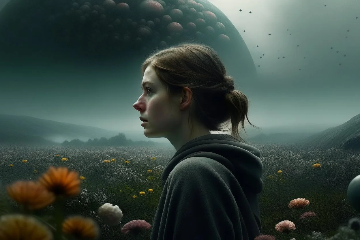 woman looking straight ahead in the foreground, a rain of flowers falls on her, in the background you can see a huge gray planet approaching the earth, reference to the film Melancholy by Lars von Trier