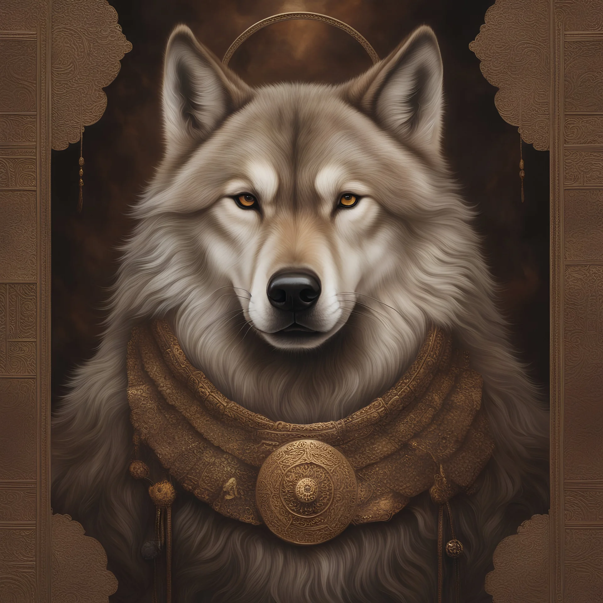 magical sized god wolf, detailed mesmerising brown fur, realism, ancient shrine background