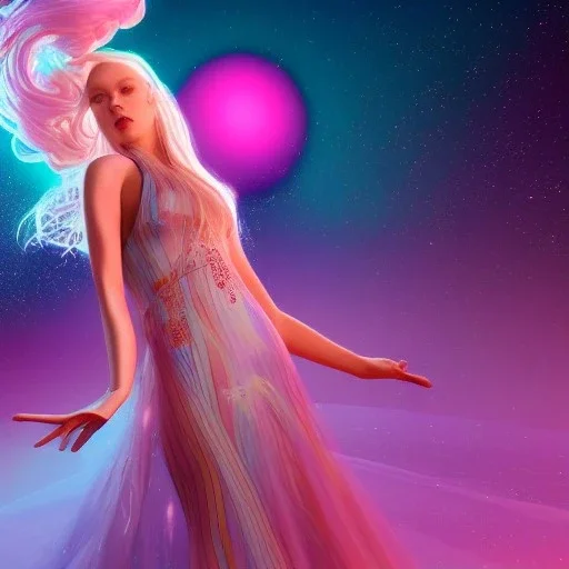 Full body white woman with legs, long blond hair, blue eyes, pink and blue dress in a galactic ambiance, delicate colors in the foreground, full of details, smooth, light effect，vaporwave colorful, smooth, extremely sharp detail, finely tuned detail, ultra high definition, 8 k, unreal engine 5, ultra sharp focus