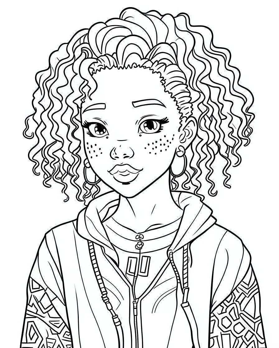 outline art for African american girlcoloring page, Japanese manga style, cartoon style, cute face, white background sketch style, full body is a must, only use outline, clean line art, no shadow, bold outline