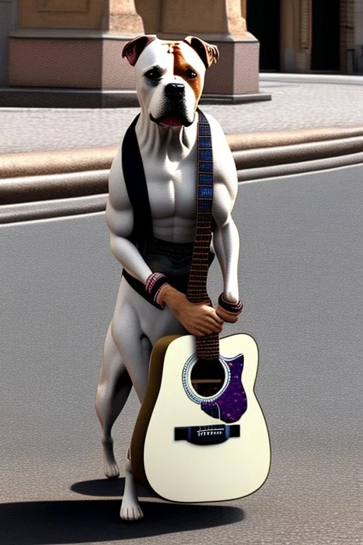 One single mature light Staffordshire terrier, friendly, playing guitar in the street , Vienna, opera, sunny day, model style, hyper realistic, extremely accurate, delicate, extremely detailed, Graphic novel style, wide-angle, open aperture, superfine pencil