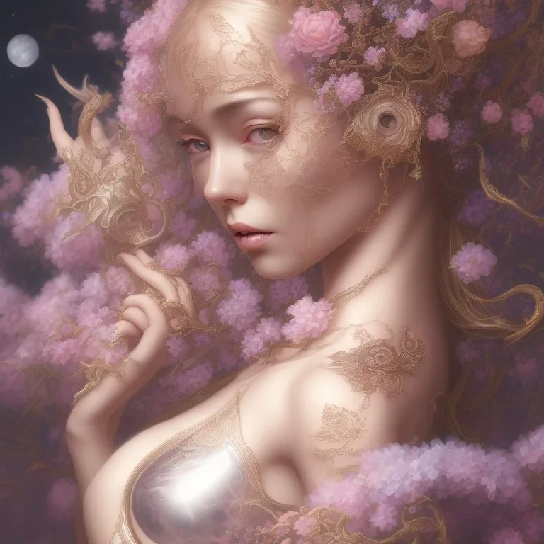 fantasy magic, intricate, sharp focus, illustration, highly detailed, digital painting, concept art, artgerm and paul lewin and kehinde wiley, masterpiece sexy lips Asian lady body flowers head silver bright rain lady outer space pretty