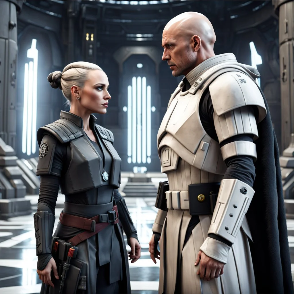 a bold and heroic bald male Corellian pilot in black and metallic grey First Order special forces gear meets a female Jedi Master in ancient, mystical temple, hyperdetailed, dynamic lighting, hyperdetailed background, 8k resolution, volumetric lighting, light skin, fully symmetric details