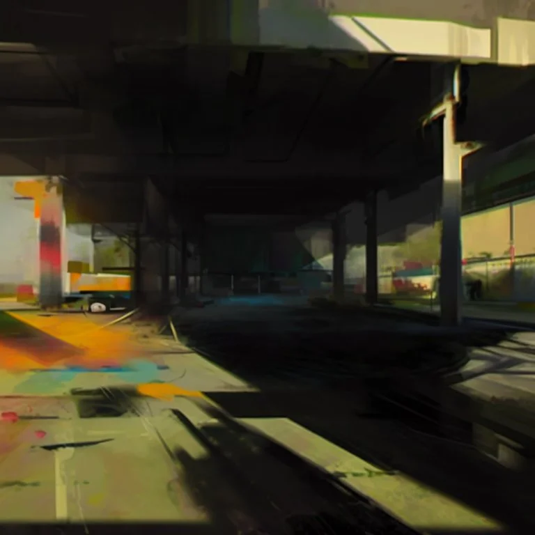 Minimal contemporary abstract oil-painting of desolate 1960s carpark with road markings and concrete fragments. Overlay with grungy typography graphics. style of Justin Mortimer and Francis Bacon.