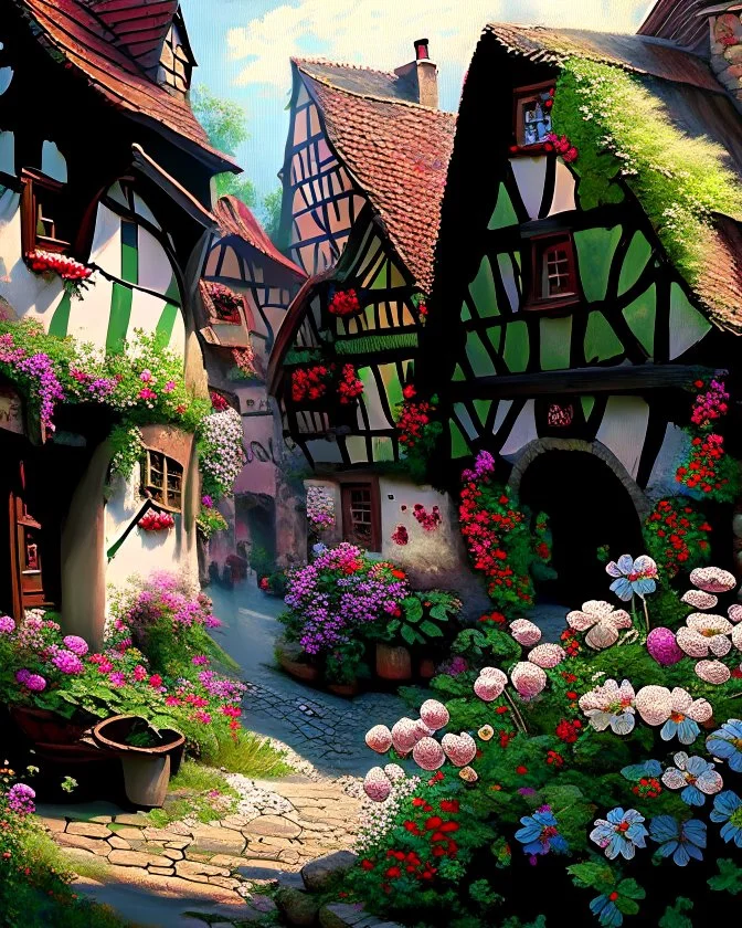 german medieval village with flowers rpg art painterly