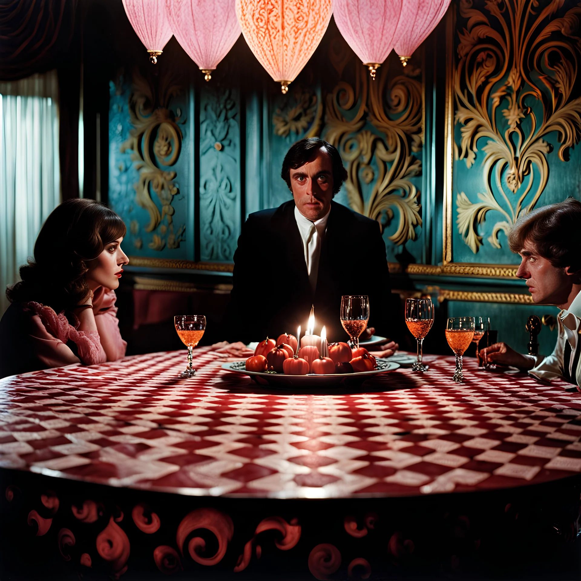 Strong texture, photorealism. Intricate patterns, dine, people, table excitement, hypermaximalist. Surreal, eerily mysterious, pastel colors, volumetric light, Italian horror, Dario Argento. Movie shot, spooky horror. 1970's Italian movie. 33mm photography.