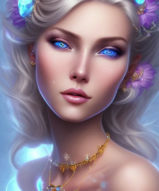 Femme cosmique, très belle ,fine, jolie, yeux bleu, visage de côté, éclairage d'accentuation, cheveux blond ondulé avec des fleurs, collier en cristaux, très détaillé, pépites dans les cheveux, dof