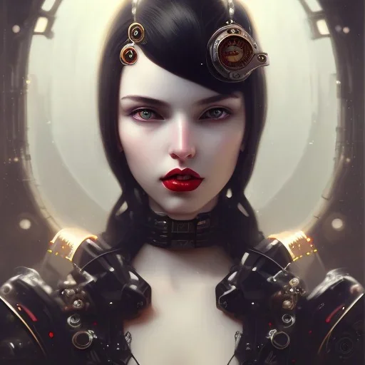 girl, cute, beautiful, face, heterochromia eyes, red lips, black hair, steam punk, close up portrait by Greg Rutkowski