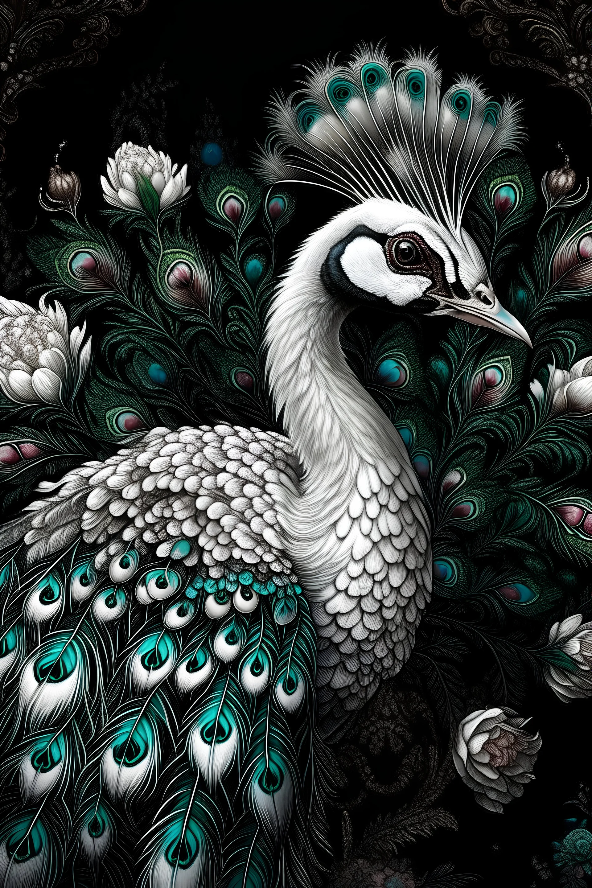 White peacock portrait, textured feathers ornate black pearls, center ed position of Blooming feathers, tribal ornate background, organic bio feathered ribbed of transculent extremely detailed maximálist colour hyperrealistic concept art