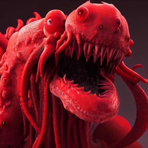 red, tentacles, a lot of eyes, teeth, monster, horror, blood, huge, scary, hyperrealism, gore, masterpiece, expert, volumetric lighting, deformed, sharp focus, 8K