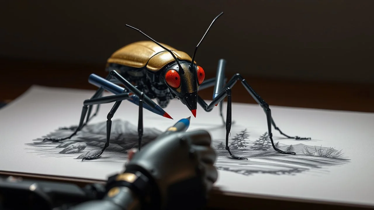 7428. Robot insect drawing a picture, holding six gel-pens in its six hands, drawing a beautiful landscape using four pens, one pen in each hand. The picture is almost finished. Artistic, beautiful lighting, attractive composition, photorealistic, extremely detailed, chiaroscuro, rule of thirds