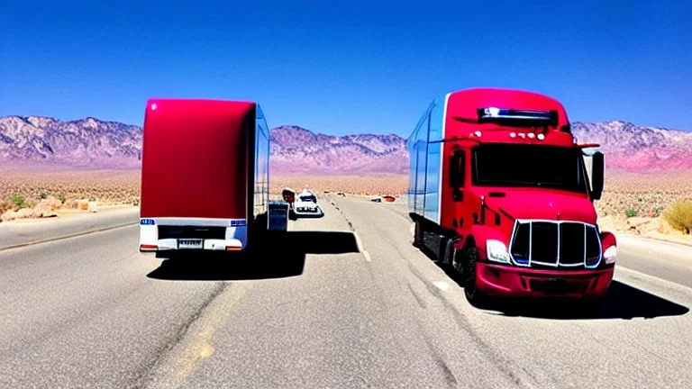 A police Tesla Cybertruck is chasing a Tesla 'Model S Plaid' at top speed, at the 'Lake Mead', in Nevada. CINEMATIC. WIDE ANGLE LENS.