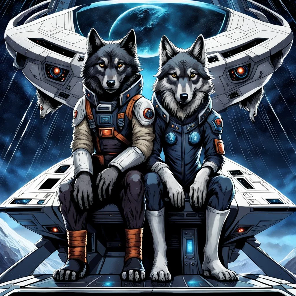 front in picture an of little dark dog like creature looking an anthropomorphic wolf couple that sitting on the spaceship's ramp close together, the female wolf sits behind male wolf and puts one paw on the wolfman's shoulder, raini day, high contrast, high detalied, high realistic, in background detail of a spaceship is visible. Rain, The atmosphere is a seamless blend of sci-fi and dark fantasy mood, professional photo