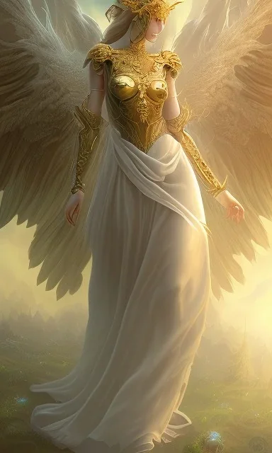 Female angel with beautiful perfect face big wings and golden crown floating above the ground in the dark enviroment, anatomically correct, michelangelo style, detailed, world of warcraft style, dark forest, trees, painting, brush strokes, 8k, dark forest in the background, epic scene, epic painting