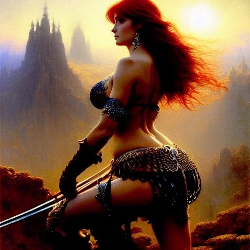 Drawing of beautiful face,busty Red Sonja on black horse,intense stare,minimal ancient armor, balanciaga fashion clothe painting by gaston bussiere, greg rutkowski, yoji shinkawa, yoshitaka amano, tsutomu nihei, donato giancola, tim hildebrandt, oil on canvas, cinematic composition, extreme detail,fit full head inside picture,16k