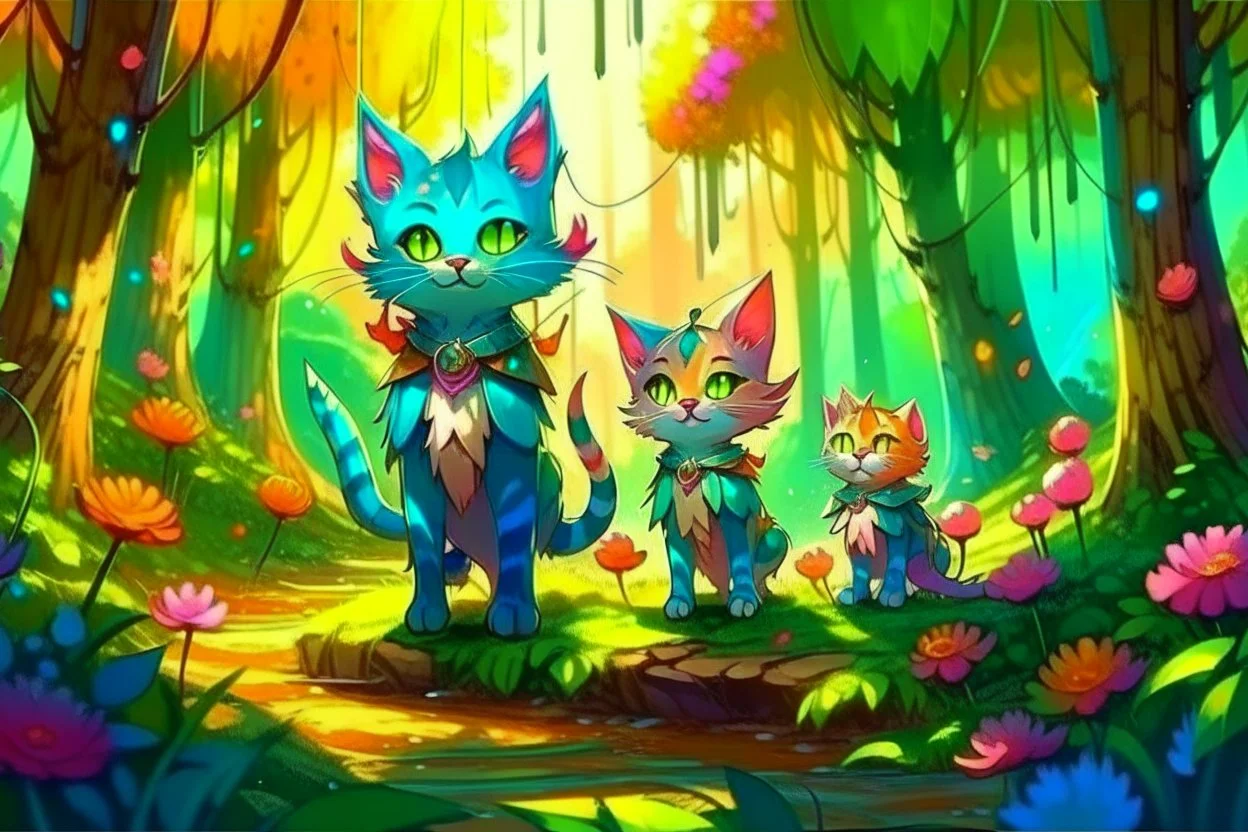 Cute chibi colourful Glass cat family on an excursion in the forest, may pole in style of Mariya Markina, digital painting; fantasy; very attractive; beautiful; high detail; cinematic postprocessing; acrylic art in sunshine