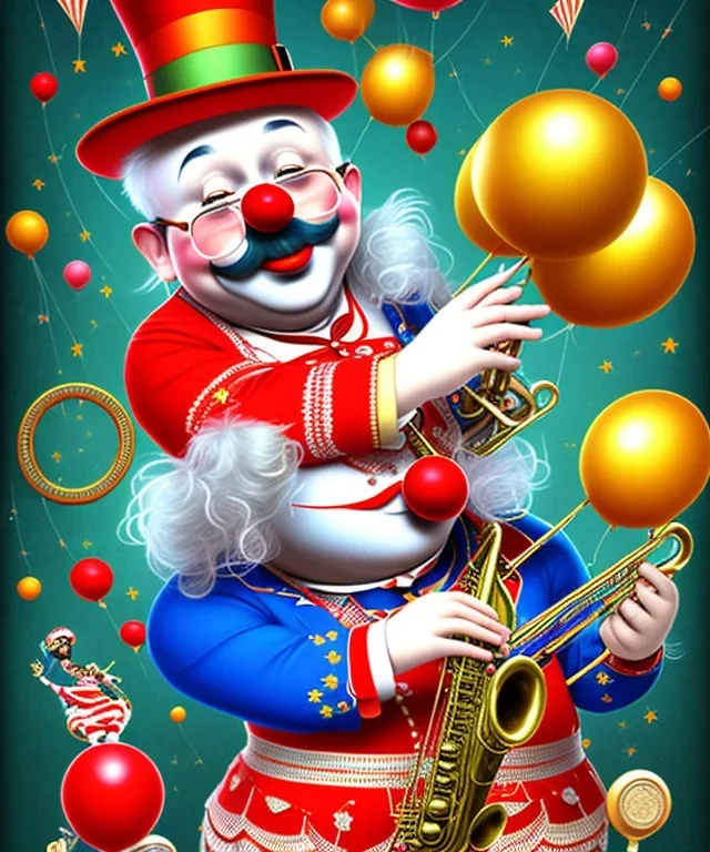 happy old friendly fat clown with trimmed beard playing jazz with a steampunk theme, circus, realistic