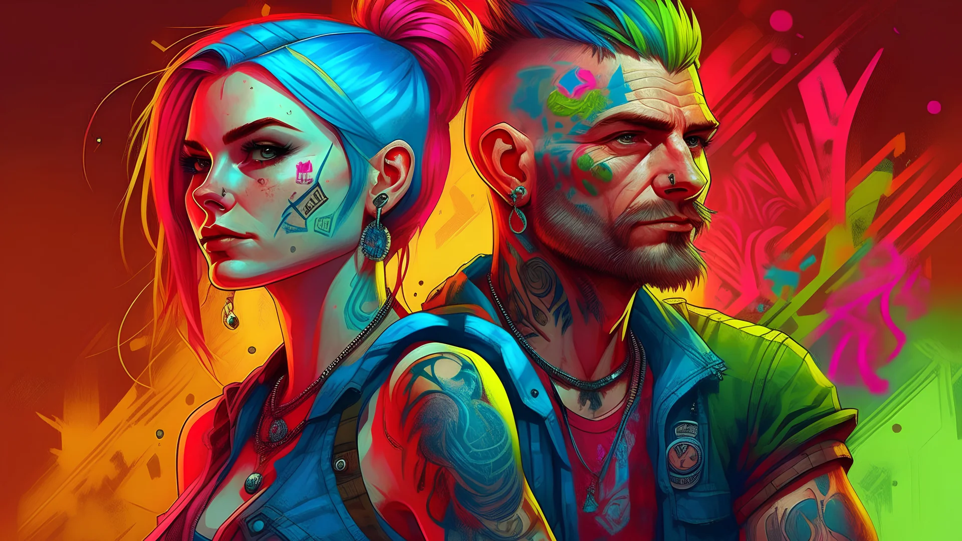 colorful background, drawing, woman, man hooligan punk, tattoo, high resolution, Artstation trends, fine details, 8K