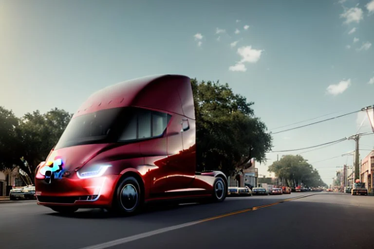 A Tesla 'Semi' (semi truck) is parked, on the streets of New Orleans. (CINEMATIC, WIDE ANGLE LENS, PHOTO REAL)