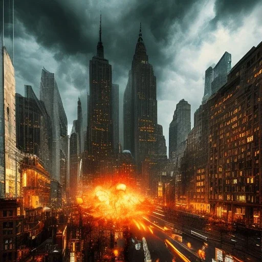 huge monster, destroying downtown New York city, dramatic, dramatic lighting, volumetric lighting, hyperrealism, 8k, high quality, photorealistic, lot of details