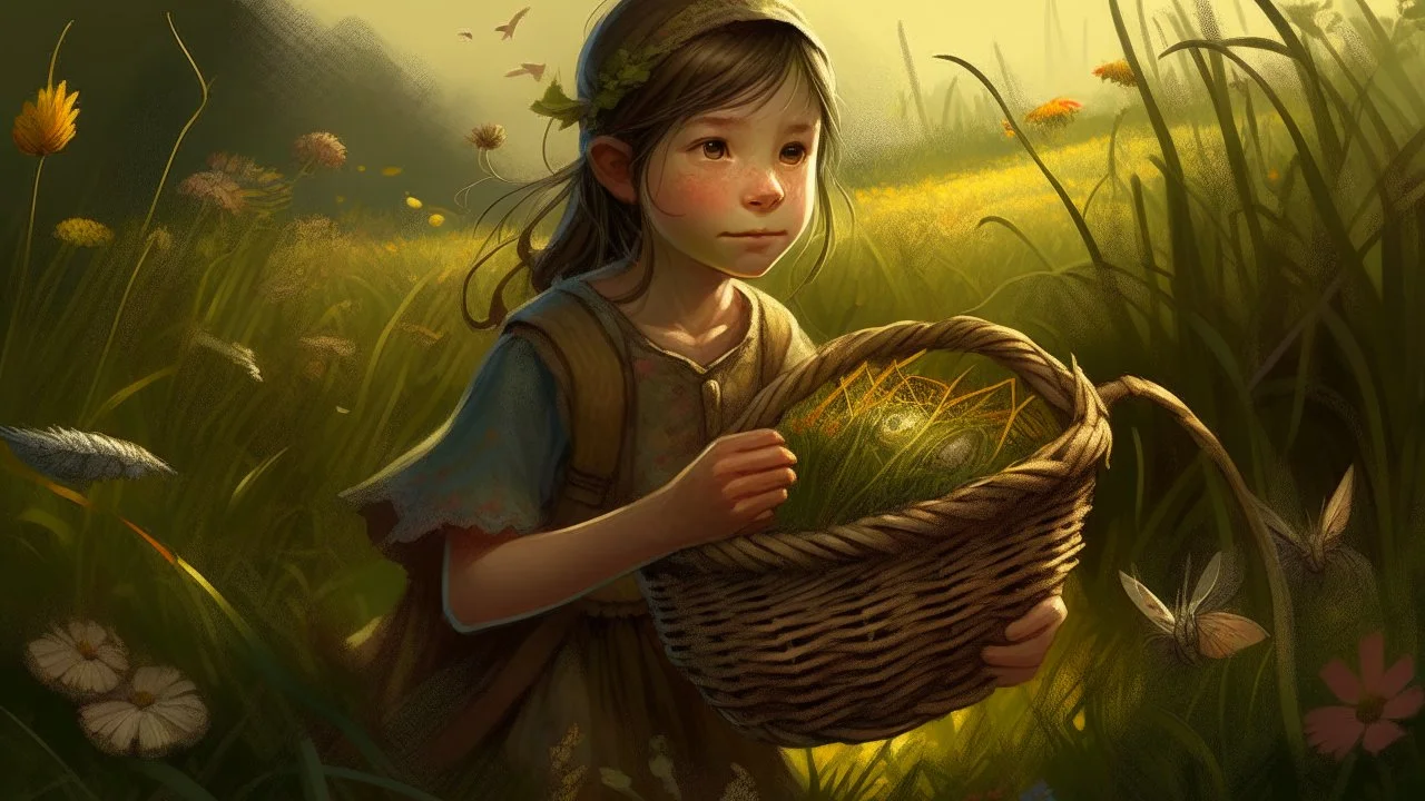 A detailed digital illustration of a young girl carrying a woven basket through a sunlit meadow, her face hidden behind a veil of bandages. As she walks, a shadowy basilisk slithers behind her, its eyes fixed on the basket's contents. The meadow is filled with vibrant wildflowers and buzzing insects, creating a contrast between the girl's innocence and the lurking danger.