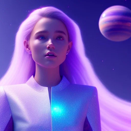 A portrait of a crystalline girl,smiling, longs blond hairs, galactic dress, atmospheric, realistic, cinematic lighting, octane render, purple and blue sky, nebula, stars, planets