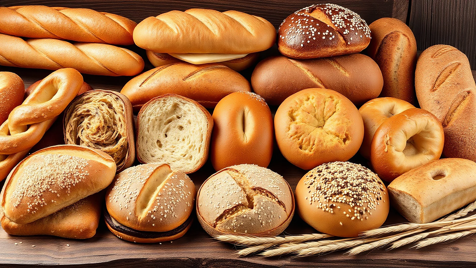 All kinds of fancy breads, including baguettes, toasts, sandwiches, hamburgers, shirmal, dumplings, toast, toast, bagel, banana, bread steak, brioche, brown, ciabatta, corn, pita, pretzel, pumpernickel, rye, sourdough, tortilla, white, And whole wheat and wheat ears and sesame seeds in the picture