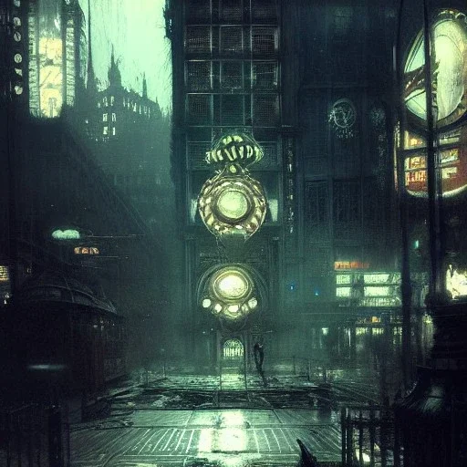 Bioshock by Jeremy mann, point perspective,intricate detailed, strong lines, John atkinson Grimshaw,