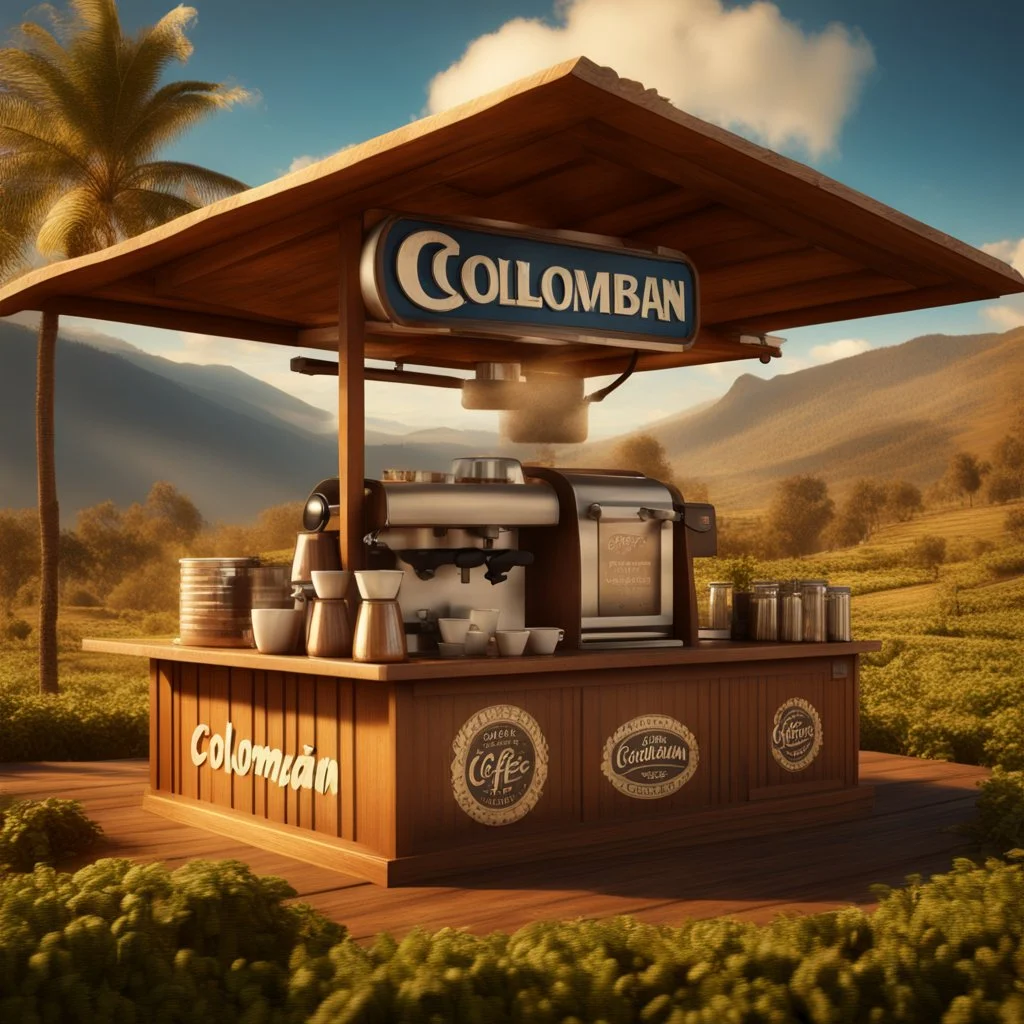 Captivating 3D rendering of a vintage style photograph of a coffee stand, adorned with the elegant word "Colombian Coffee", the stand is surrounded by coffee beans on a wooden table. Stand filled with steaming coffee, giving off a cozy atmosphere In the background the Colombian mountains with coffee crops, and a bright blue sky. The image is illuminated by a welcoming glow that evokes a feeling of nostalgia., typography, 3D rendering, far below a small text, "By: PalomoArtStudio" .