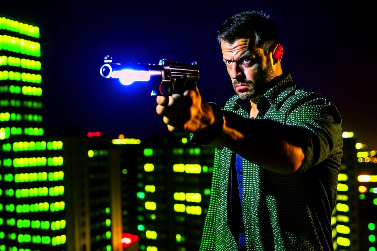 a guy with gun tries to shoot you skyscrapers at night in background