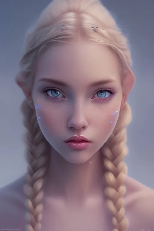 20 year old girl, cute, beautiful, blonde hair, one loose braid on left side, blue eyes, big eyes, pale skin, blue dress, ice dress, long eyelashes, pink lipstick, thin lips, small nose, semirealistic, 8k resolution concept art portrait by Greg Rutkowski