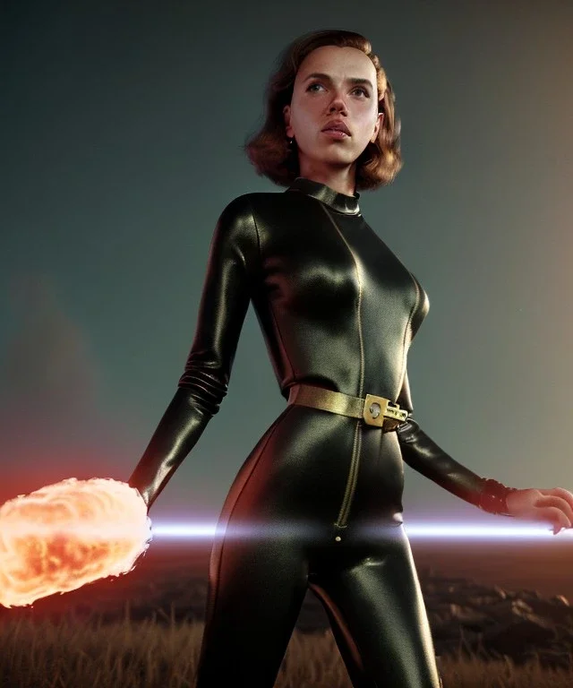 retro sci-fi portrait image from 1960, supermarket parking explosion, fire, young Scarlett Johansson, classic black tight lycra latex suit, gold bracelet and belt, soft color, highly detailed, unreal engine 5, ray tracing, RTX, lumen lighting, ultra detail, volumetric lighting, 3d, finely drawn, high definition, high resolution.