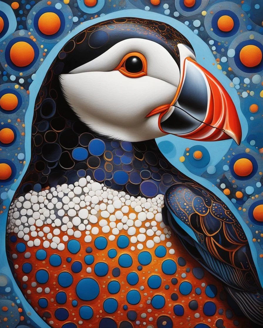 A colorful puffin in the style of Yayoi Kusama, surrounded by circles and dots, with an abstract background. The puffin is depicted as if it were painted using oil paints on canvas, giving it a three-dimensional appearance. It has vibrant colors like blue, red, yellow, green, orange, purple, white, black, brown, silver, and gold. It has intricate patterns that give depth to its form.